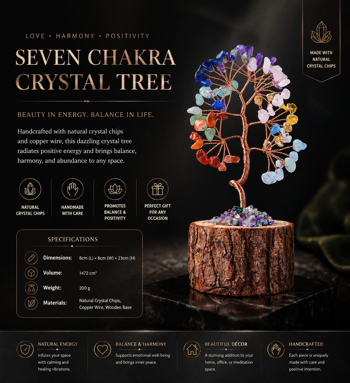 Natural Seven Chakra Crystal Tree - Handmade Feng Shui Bonsai for Energy Balance & Abundance
