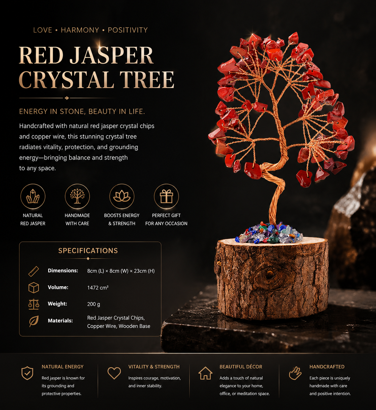 A Natural Red Jasper Crystal Tree - Handmade Feng Shui Bonsai for Vitality & Strength