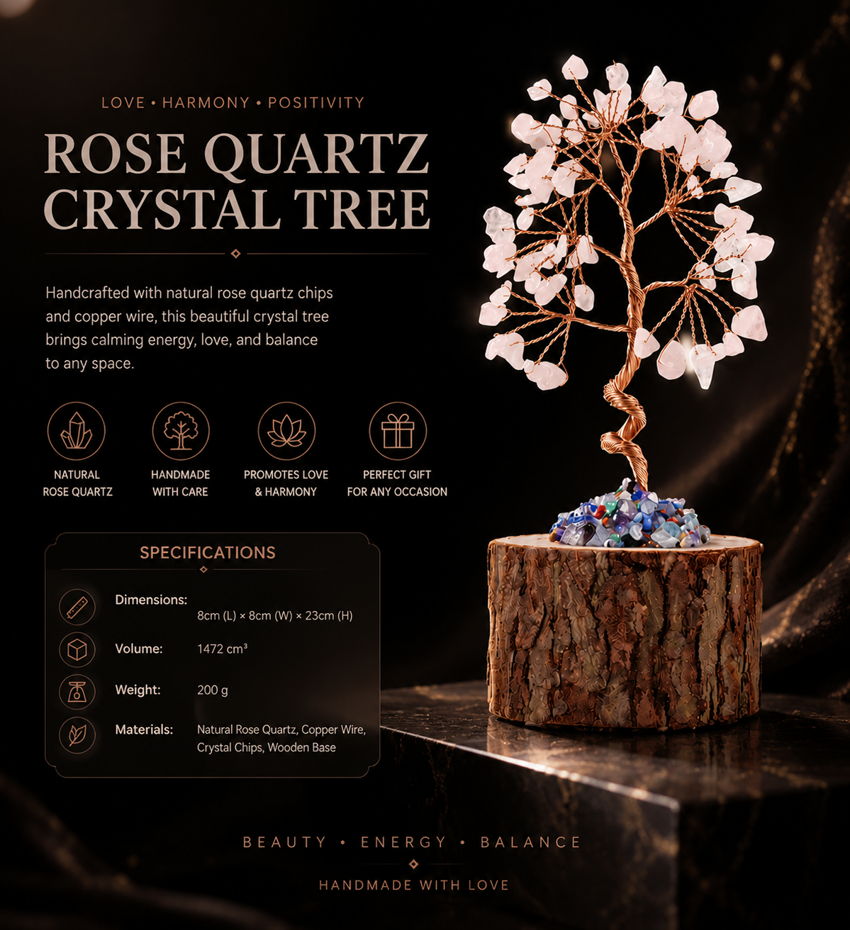 A Natural Rose Quartz Crystal Tree - Handmade Feng Shui Bonsai for Love & Harmony