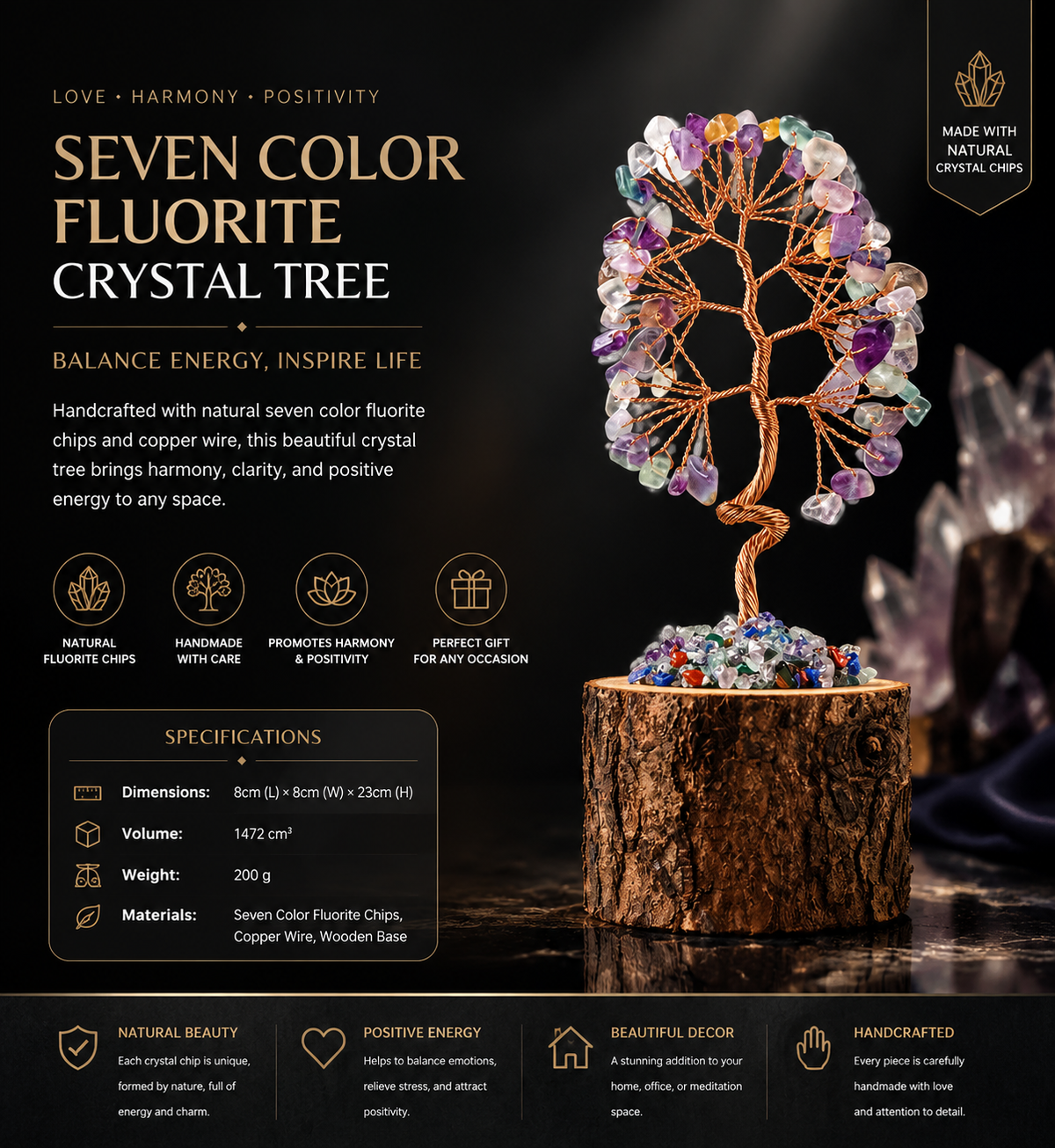 Natural Seven Color Fluorite Crystal Tree - Handmade Feng Shui Bonsai for Balance, Harmony & Clarity